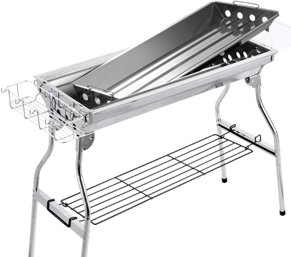 Portable Stainless Steel Charcoal BBQ Grill with Folding Shelves, Double-Layer Cooking Grates and Complete Outdoor Barbecue Tool Set