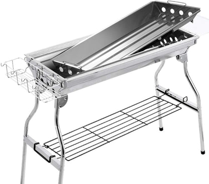Portable Stainless Steel Charcoal BBQ Grill with Folding Shelves, Double-Layer Cooking Grates and Complete Outdoor Barbecue Tool Set