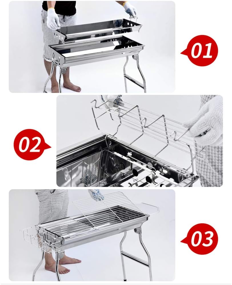 Portable Stainless Steel Charcoal BBQ Grill with Folding Shelves, Double-Layer Cooking Grates and Complete Outdoor Barbecue Tool Set