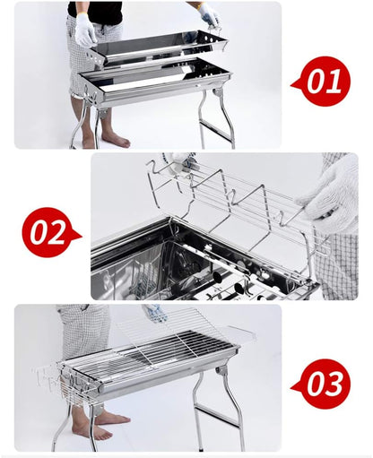 Portable Stainless Steel Charcoal BBQ Grill with Folding Shelves, Double-Layer Cooking Grates and Complete Outdoor Barbecue Tool Set