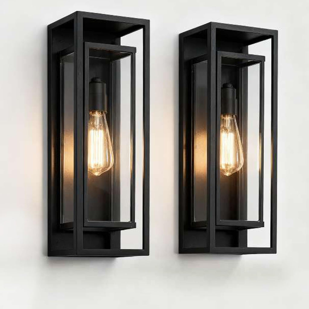 2-Pack Modern Outdoor Wall Light Fixtures, Waterproof Matte Black Porch Lanterns with Glass Shades for Front Door, Patio & Entryway