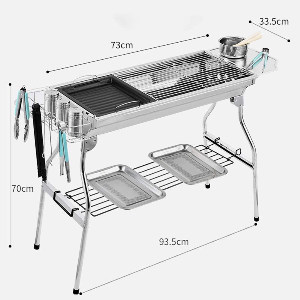 Portable Stainless Steel Charcoal BBQ Grill with Folding Shelves, Double-Layer Cooking Grates and Complete Outdoor Barbecue Tool Set
