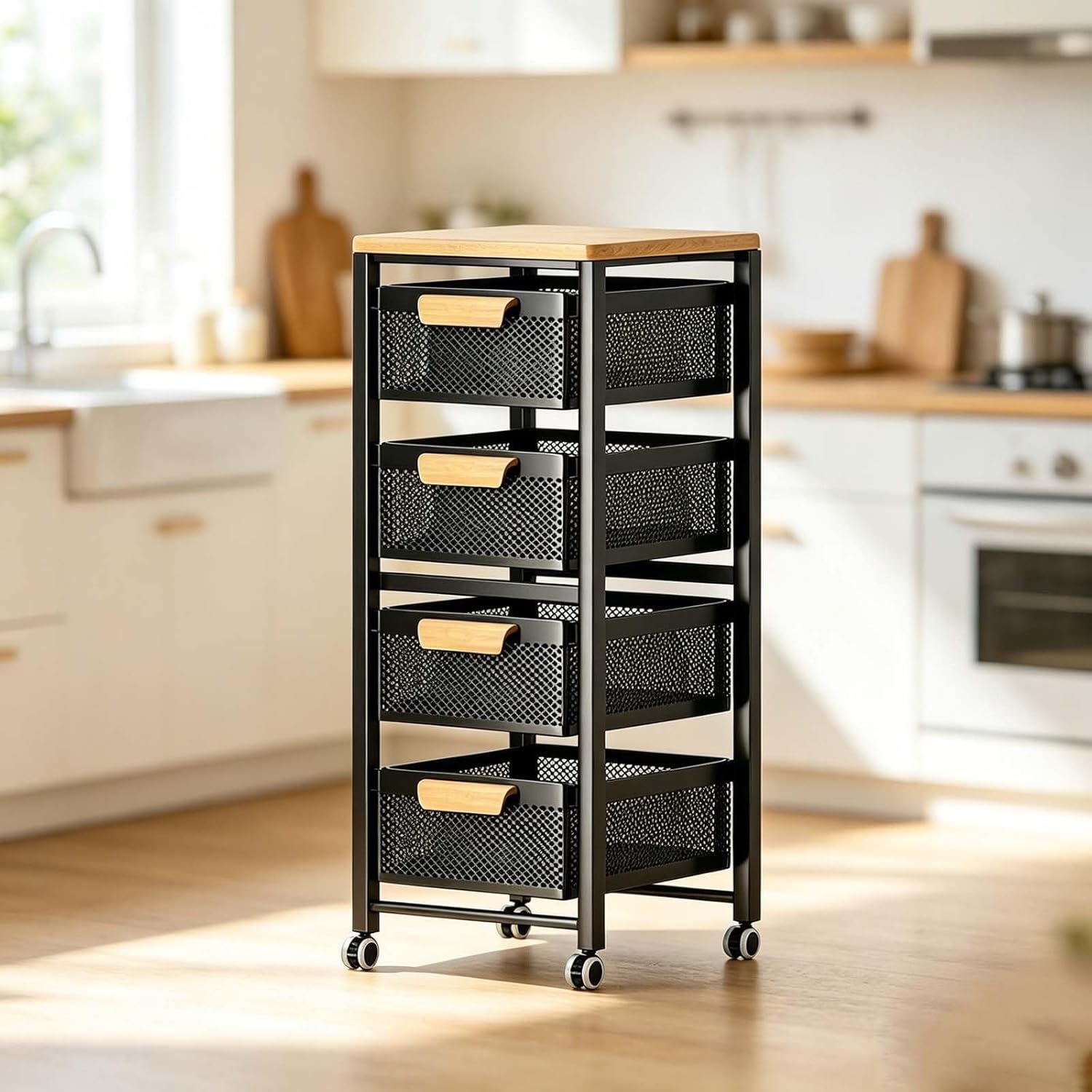 Rolling Pantry Storage Organizer Cart with Wood Top and Mesh Drawers, Mobile Kitchen Trolley for Food, Household Essentials and Space-Saving Storage