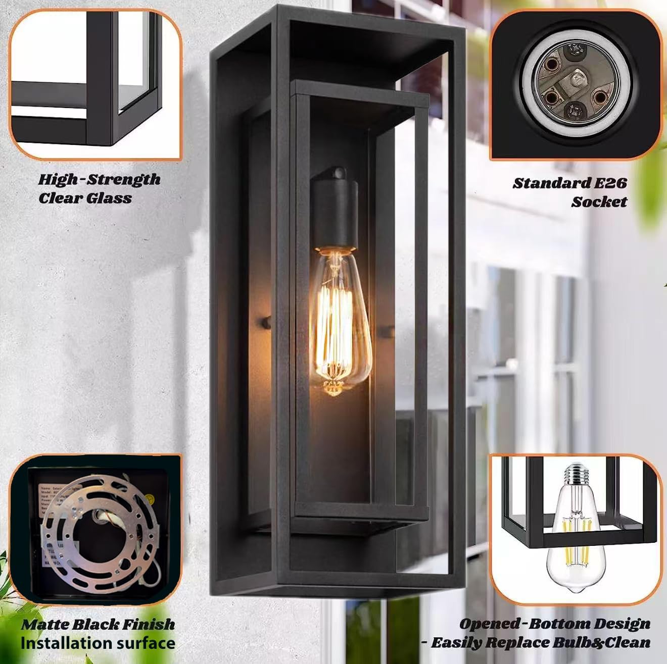 2-Pack Modern Outdoor Wall Light Fixtures, Waterproof Matte Black Porch Lanterns with Glass Shades for Front Door, Patio & Entryway