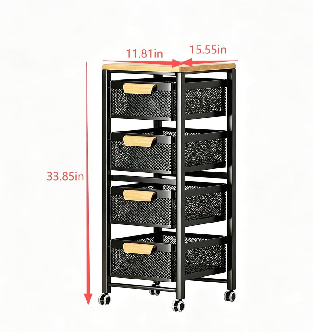 Rolling Pantry Storage Organizer Cart with Wood Top and Mesh Drawers, Mobile Kitchen Trolley for Food, Household Essentials and Space-Saving Storage