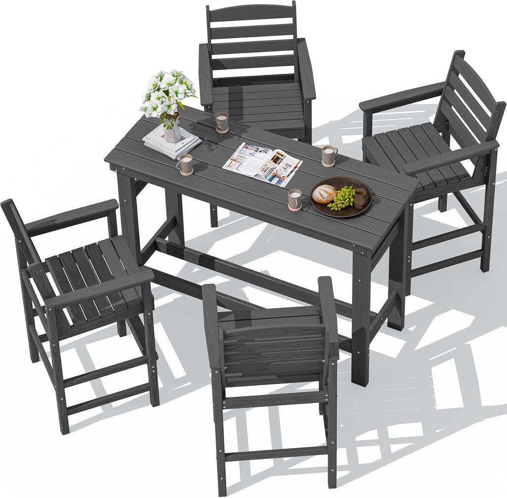 5-Piece Outdoor Adirondack Bar Set with Bar Height Table, Patio Bar Chairs and Umbrella Hole for Poolside, Backyard, Garden & Outdoor Entertaining