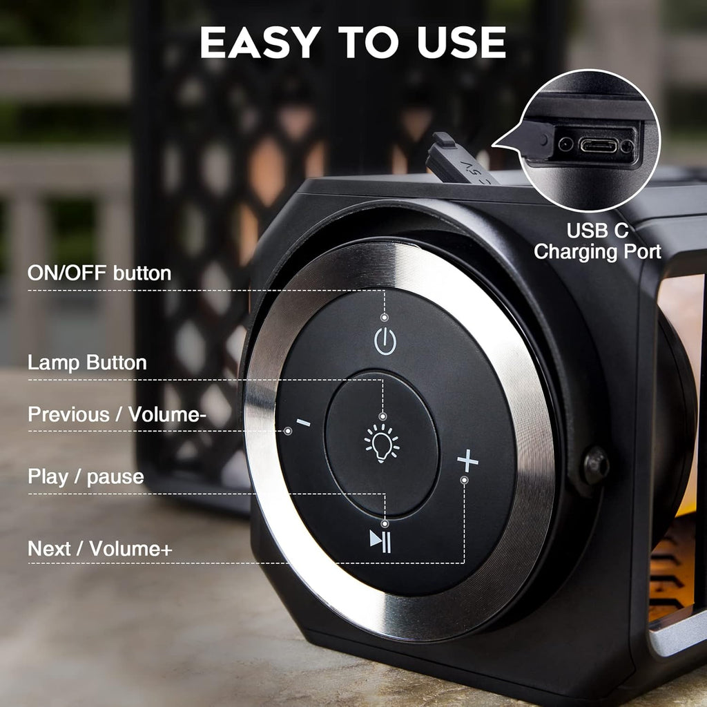 Outdoor Bluetooth Speaker Lantern with Flame Effect, Waterproof Wireless Patio Speaker, 10W Stereo Sound for Garden, Porch, Camping & Parties