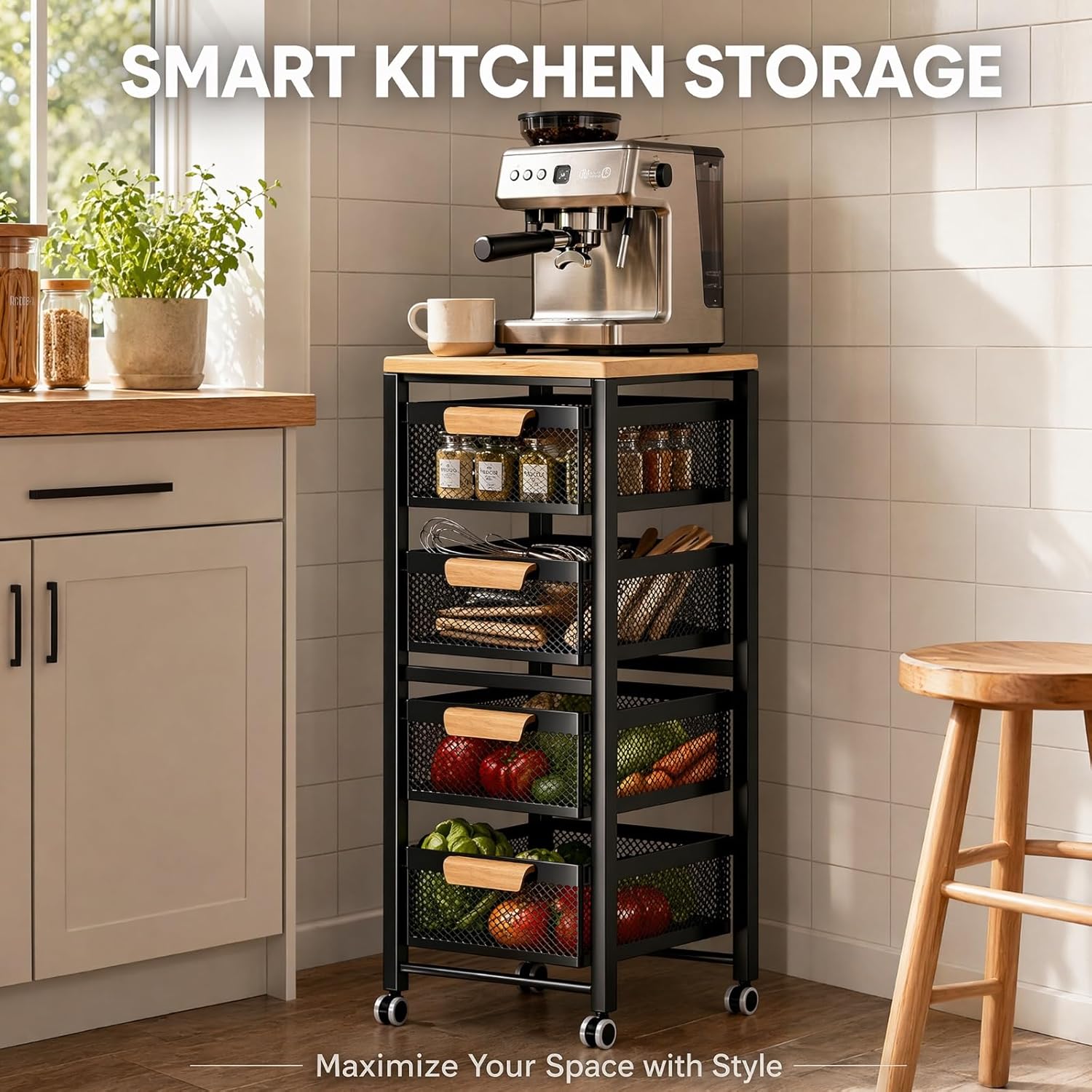 Rolling Pantry Storage Organizer Cart with Wood Top and Mesh Drawers, Mobile Kitchen Trolley for Food, Household Essentials and Space-Saving Storage