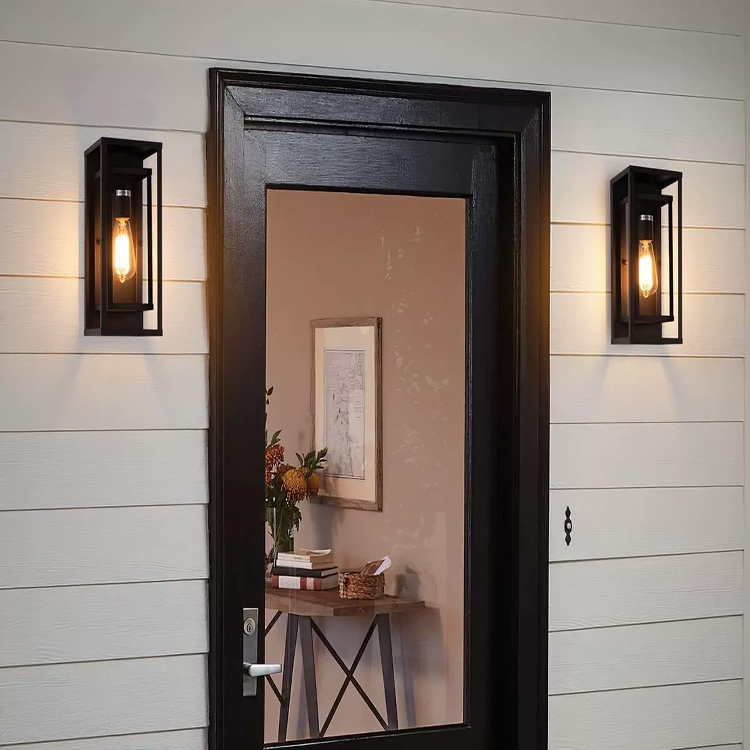 2-Pack Modern Outdoor Wall Light Fixtures, Waterproof Matte Black Porch Lanterns with Glass Shades for Front Door, Patio & Entryway