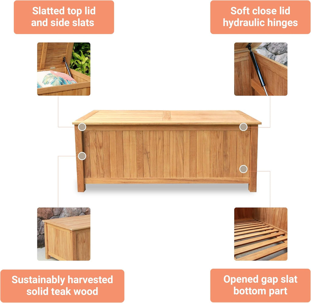 48-Inch Outdoor Teak Storage Deck Box with Soft-Close Lid, Weather-Resistant Patio Storage Chest for Pool, Garden, Cushions & Outdoor Essentials, 49 Gallon Capacity