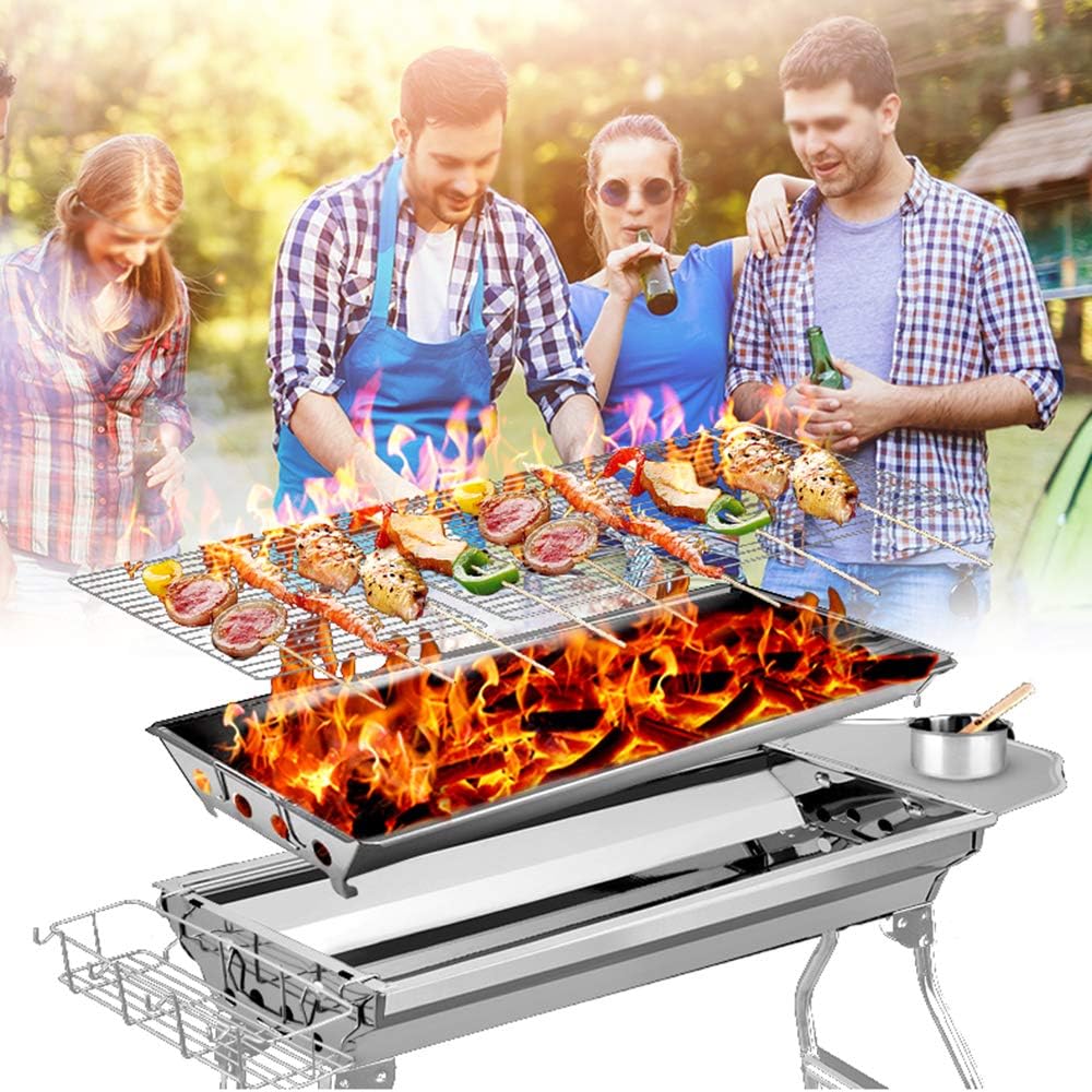 Portable Stainless Steel Charcoal BBQ Grill with Folding Shelves, Double-Layer Cooking Grates and Complete Outdoor Barbecue Tool Set