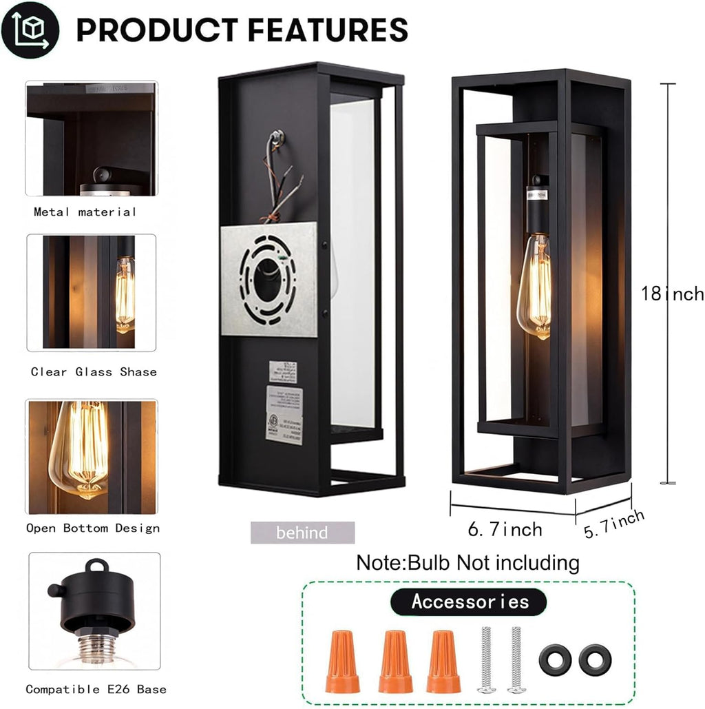 2-Pack Modern Outdoor Wall Light Fixtures, Waterproof Matte Black Porch Lanterns with Glass Shades for Front Door, Patio & Entryway