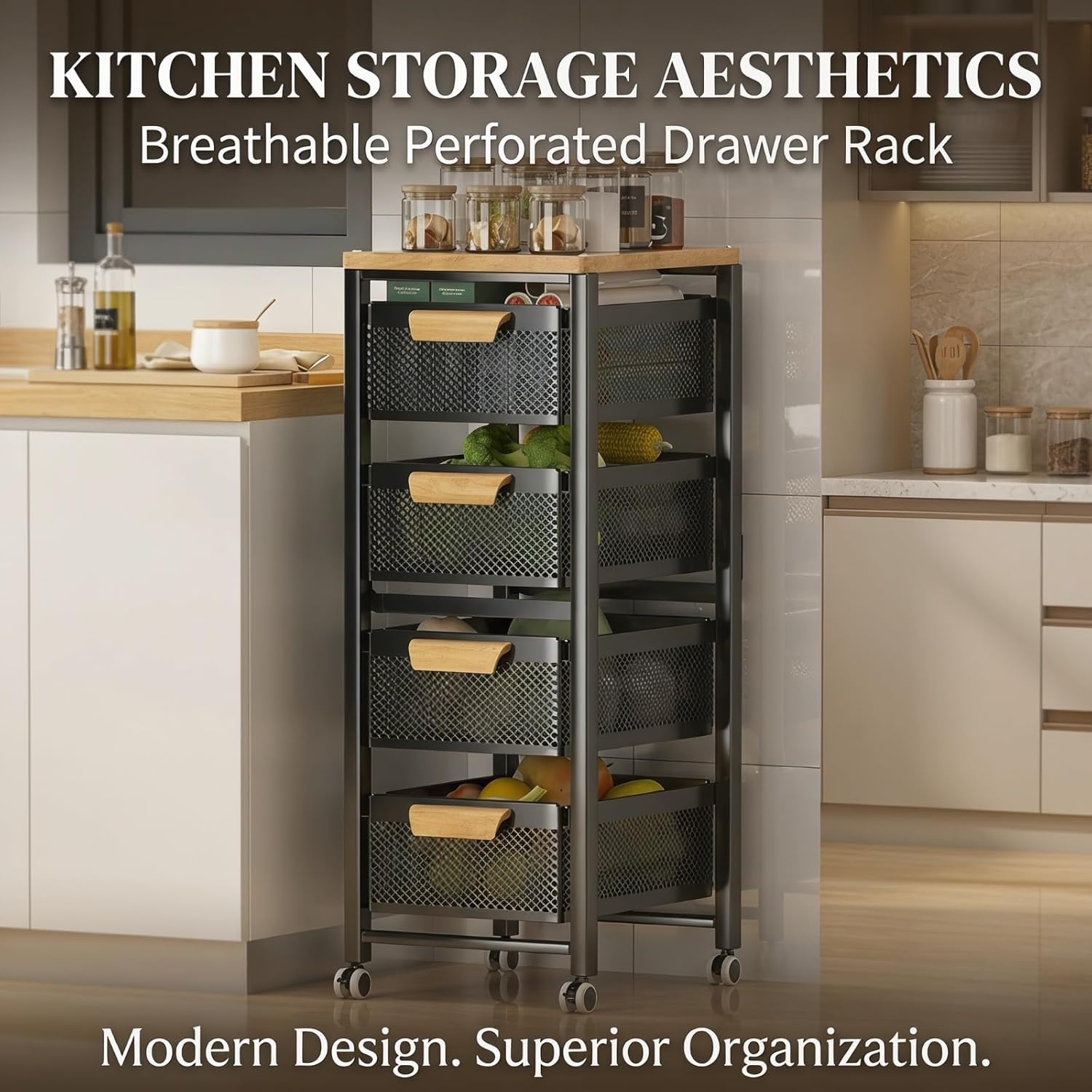 Rolling Pantry Storage Organizer Cart with Wood Top and Mesh Drawers, Mobile Kitchen Trolley for Food, Household Essentials and Space-Saving Storage