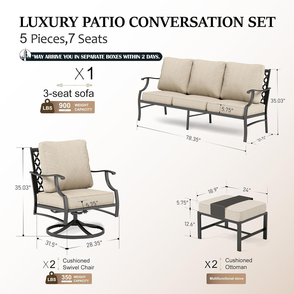 5-Piece Outdoor Patio Conversation Set with Swivel Chairs, Ottomans and 3-Seat Sofa, Cushioned 7-Seat Furniture Collection for Backyard, Garden and Patio