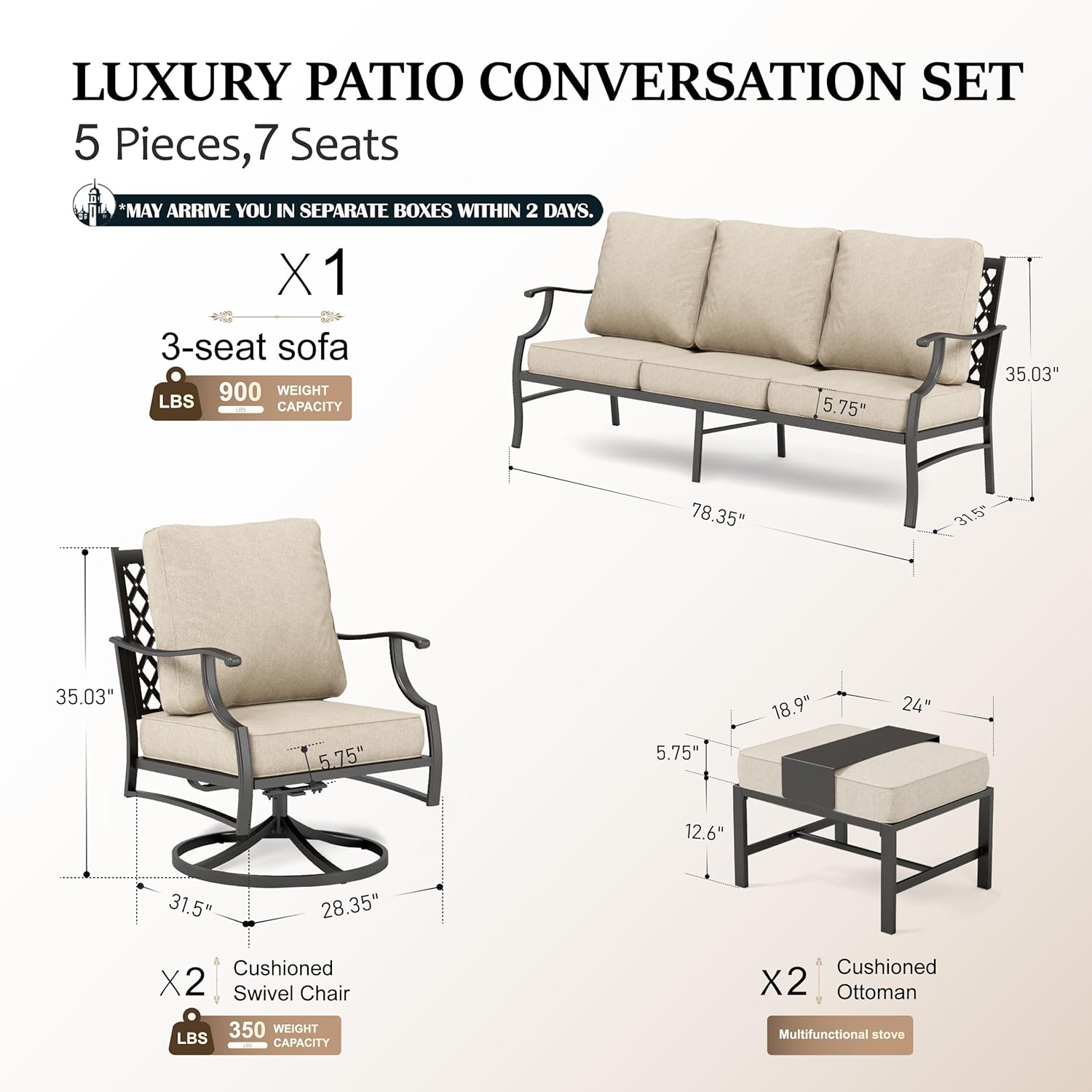 5-Piece Outdoor Patio Conversation Set with Swivel Chairs, Ottomans and 3-Seat Sofa, Cushioned 7-Seat Furniture Collection for Backyard, Garden and Patio