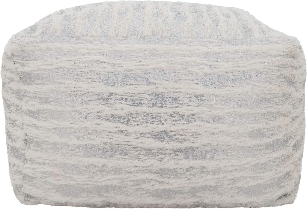 Luxury Faux Fur Pouf Ottoman, Silver Foil Accent Decorative Floor Seat for Living Room, Bedroom & Modern Home Décor