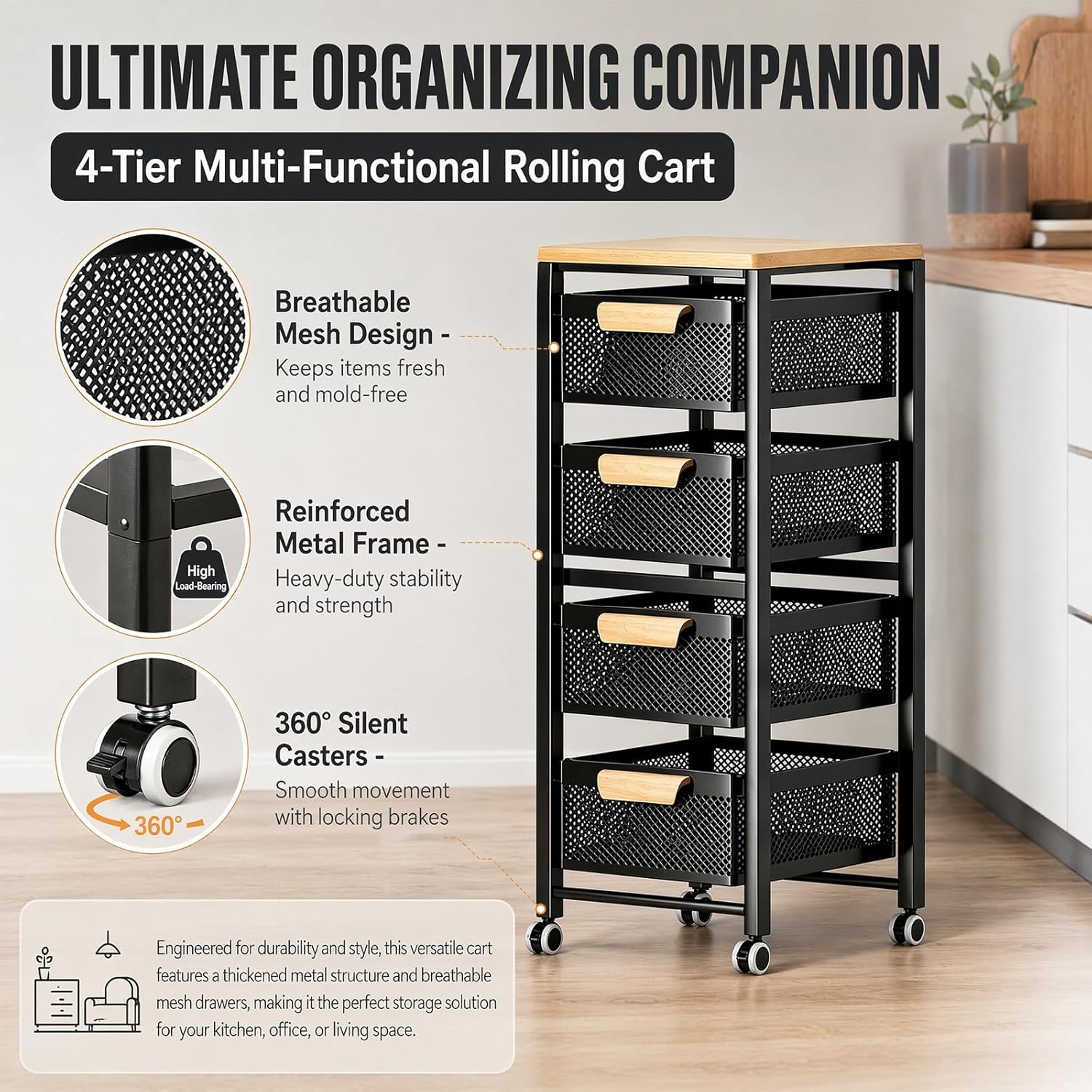 Rolling Pantry Storage Organizer Cart with Wood Top and Mesh Drawers, Mobile Kitchen Trolley for Food, Household Essentials and Space-Saving Storage