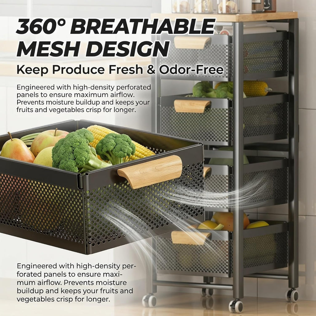 Rolling Pantry Storage Organizer Cart with Wood Top and Mesh Drawers, Mobile Kitchen Trolley for Food, Household Essentials and Space-Saving Storage