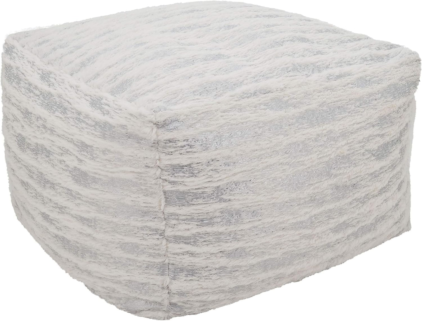 Luxury Faux Fur Pouf Ottoman, Silver Foil Accent Decorative Floor Seat for Living Room, Bedroom & Modern Home Décor