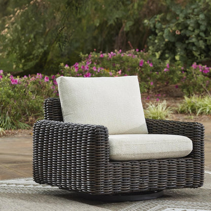 Outdoor Resin Wicker Swivel Glider Lounge Chair with Weather-Resistant Cushions, 360° Rotating Patio Accent Chair for Porch, Deck, Backyard & Garden