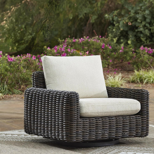 Outdoor Resin Wicker Swivel Glider Lounge Chair with Weather-Resistant Cushions, 360° Rotating Patio Accent Chair for Porch, Deck, Backyard & Garden