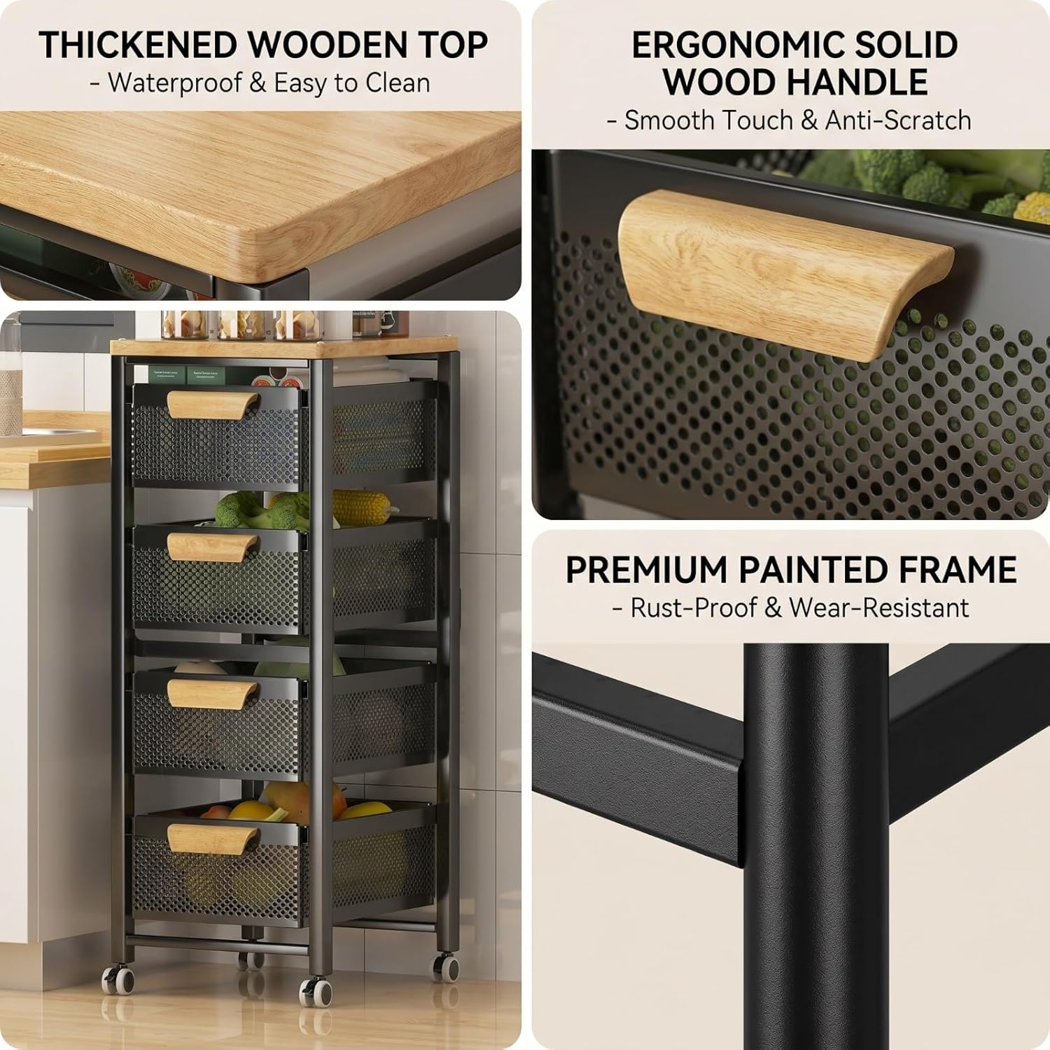 Rolling Pantry Storage Organizer Cart with Wood Top and Mesh Drawers, Mobile Kitchen Trolley for Food, Household Essentials and Space-Saving Storage