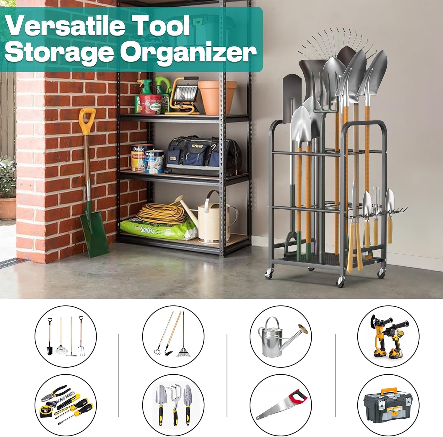 Heavy-Duty Sports Equipment Organizer Rack with Ball Storage Bin, Hooks & Multi-Purpose Garage Storage System