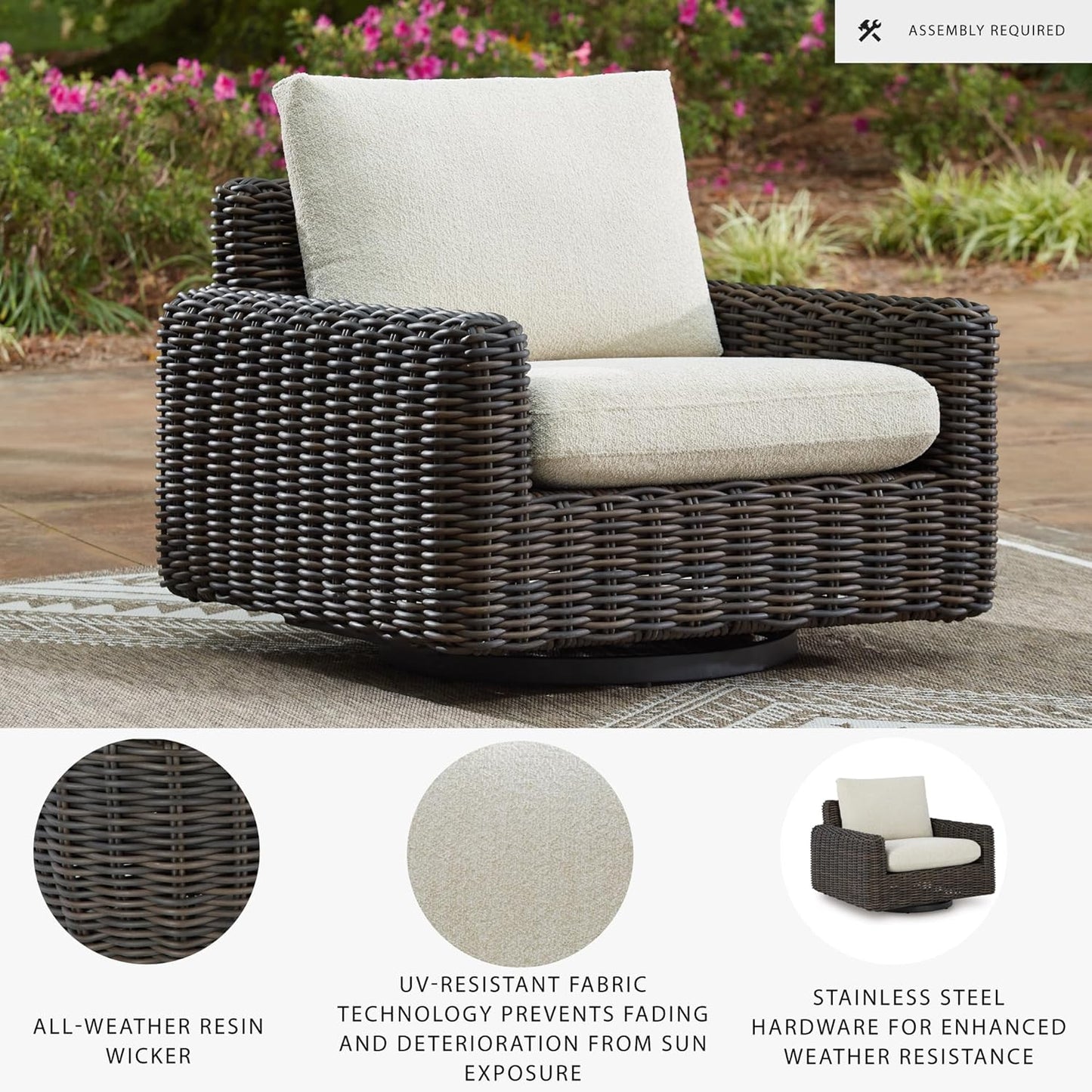 Outdoor Resin Wicker Swivel Glider Lounge Chair with Weather-Resistant Cushions, 360° Rotating Patio Accent Chair for Porch, Deck, Backyard & Garden