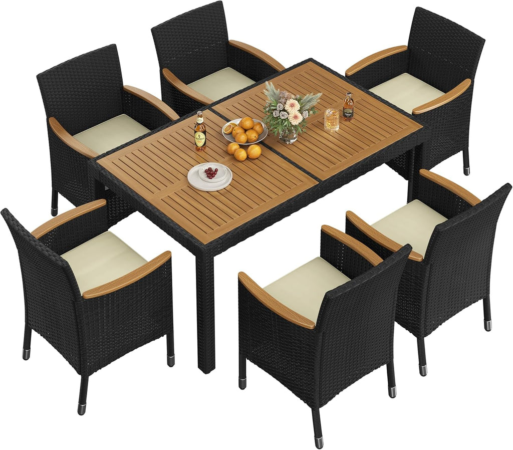 7-Piece Outdoor Patio Dining Furniture Set with Acacia Wood Tabletop, Cushioned Rattan Chairs for Backyard, Garden, Deck & Outdoor Living