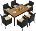 7-Piece Outdoor Patio Dining Furniture Set with Acacia Wood Tabletop, Cushioned Rattan Chairs for Backyard, Garden, Deck & Outdoor Living