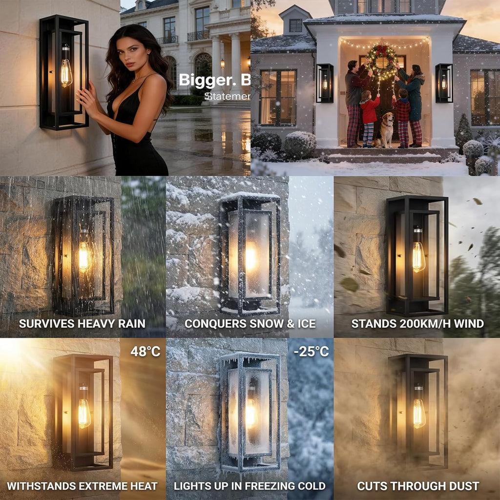 2-Pack Modern Outdoor Wall Light Fixtures, Waterproof Matte Black Porch Lanterns with Glass Shades for Front Door, Patio & Entryway