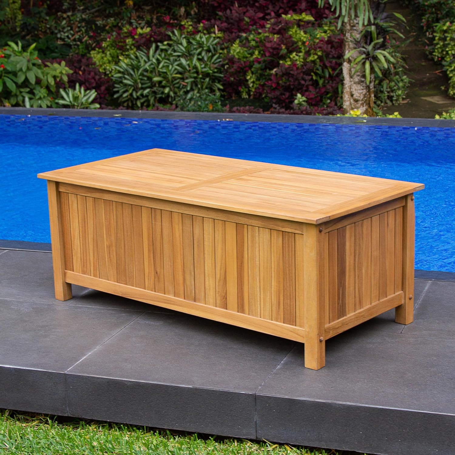 48-Inch Outdoor Teak Storage Deck Box with Soft-Close Lid, Weather-Resistant Patio Storage Chest for Pool, Garden, Cushions & Outdoor Essentials, 49 Gallon Capacity