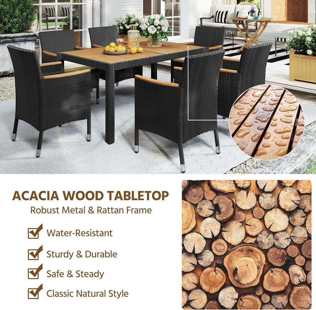 7-Piece Outdoor Patio Dining Furniture Set with Acacia Wood Tabletop, Cushioned Rattan Chairs for Backyard, Garden, Deck & Outdoor Living