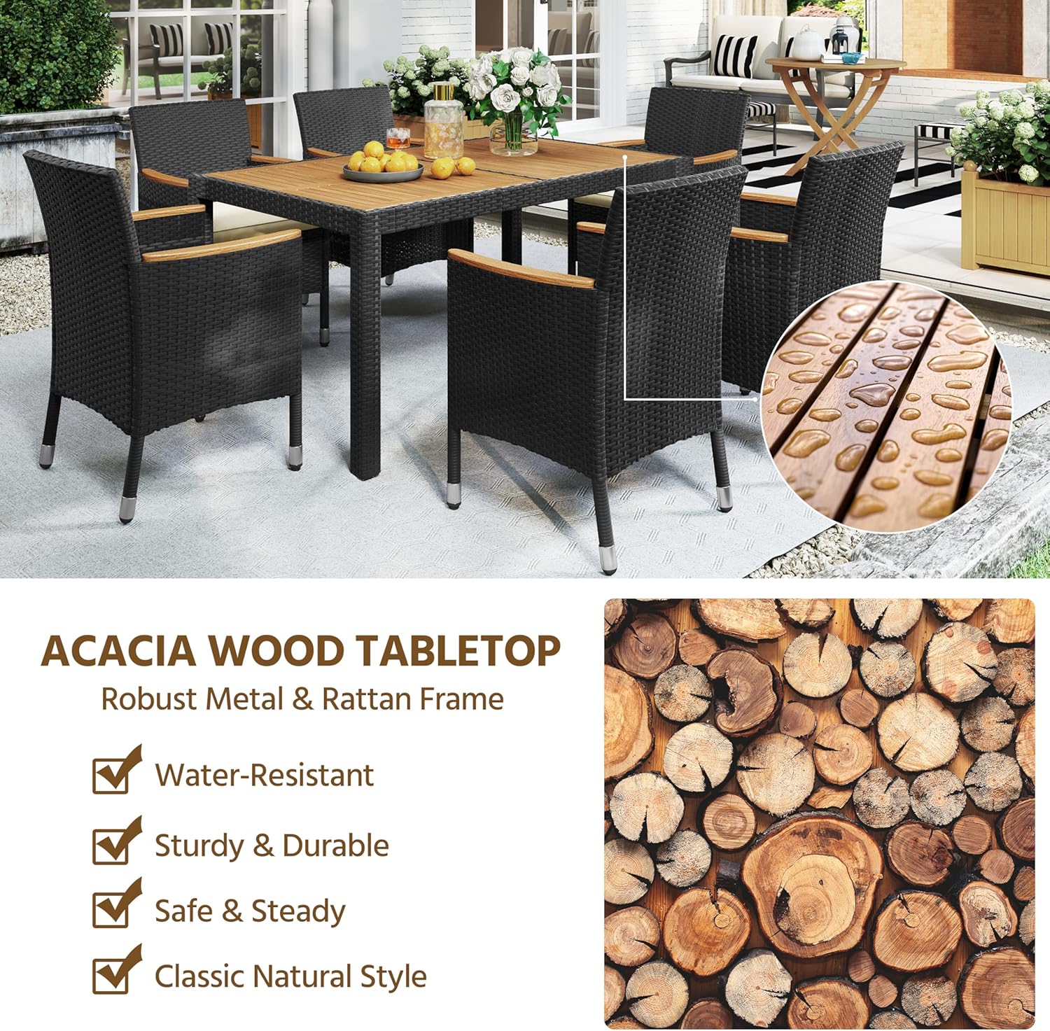 7-Piece Outdoor Patio Dining Furniture Set with Acacia Wood Tabletop, Cushioned Rattan Chairs for Backyard, Garden, Deck & Outdoor Living