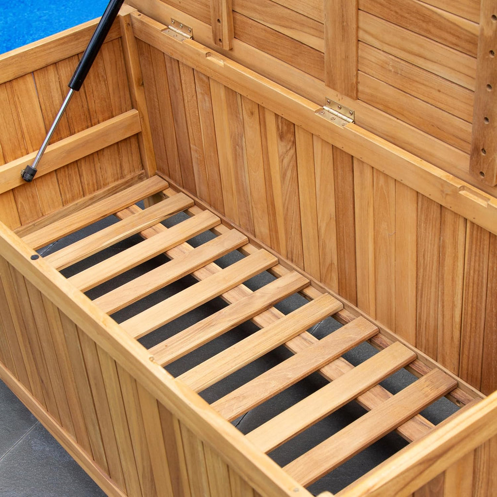 48-Inch Outdoor Teak Storage Deck Box with Soft-Close Lid, Weather-Resistant Patio Storage Chest for Pool, Garden, Cushions & Outdoor Essentials, 49 Gallon Capacity