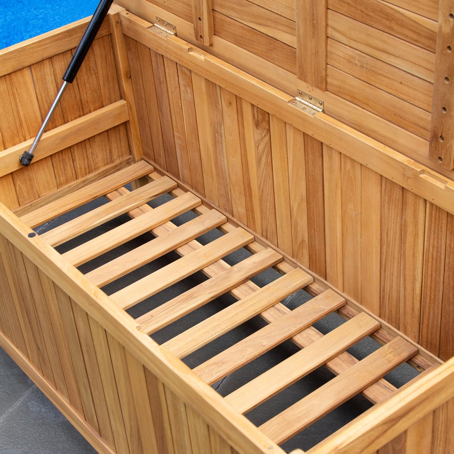 48-Inch Outdoor Teak Storage Deck Box with Soft-Close Lid, Weather-Resistant Patio Storage Chest for Pool, Garden, Cushions & Outdoor Essentials, 49 Gallon Capacity