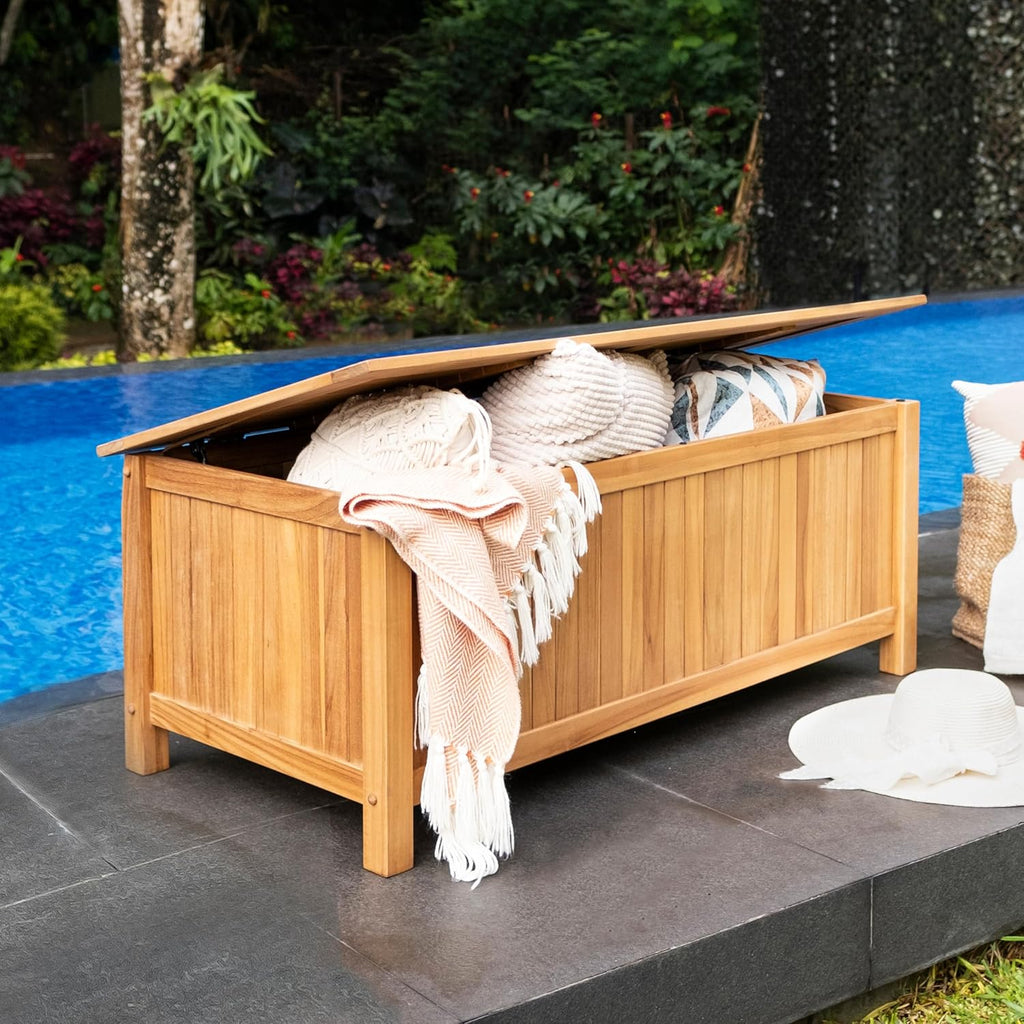 48-Inch Outdoor Teak Storage Deck Box with Soft-Close Lid, Weather-Resistant Patio Storage Chest for Pool, Garden, Cushions & Outdoor Essentials, 49 Gallon Capacity