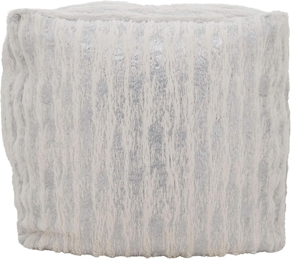 Luxury Faux Fur Pouf Ottoman, Silver Foil Accent Decorative Floor Seat for Living Room, Bedroom & Modern Home Décor