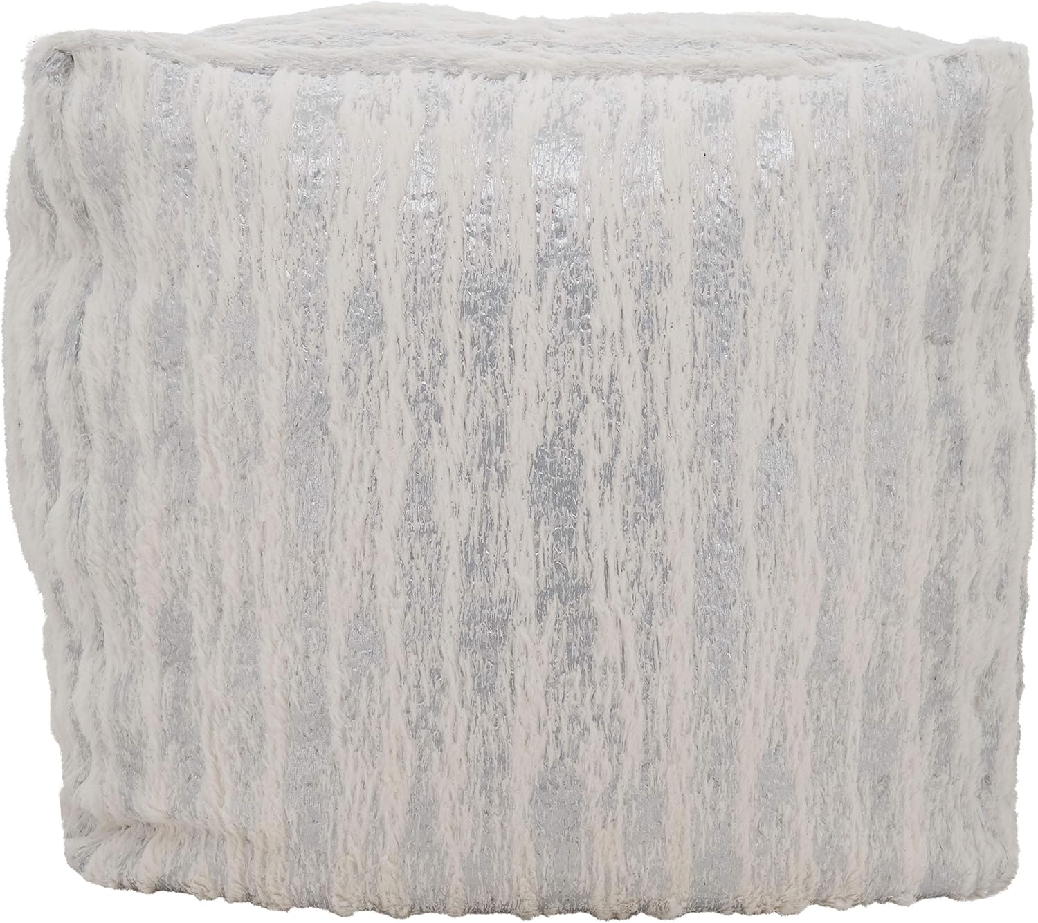 Luxury Faux Fur Pouf Ottoman, Silver Foil Accent Decorative Floor Seat for Living Room, Bedroom & Modern Home Décor