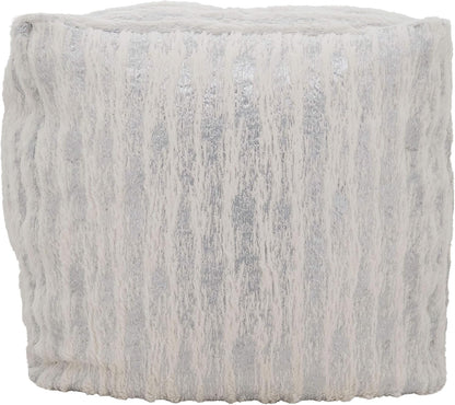 Luxury Faux Fur Pouf Ottoman, Silver Foil Accent Decorative Floor Seat for Living Room, Bedroom & Modern Home Décor
