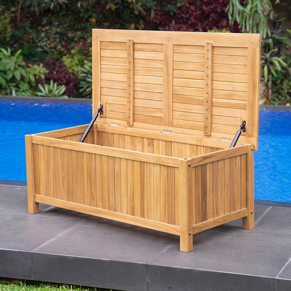 48-Inch Outdoor Teak Storage Deck Box with Soft-Close Lid, Weather-Resistant Patio Storage Chest for Pool, Garden, Cushions & Outdoor Essentials, 49 Gallon Capacity