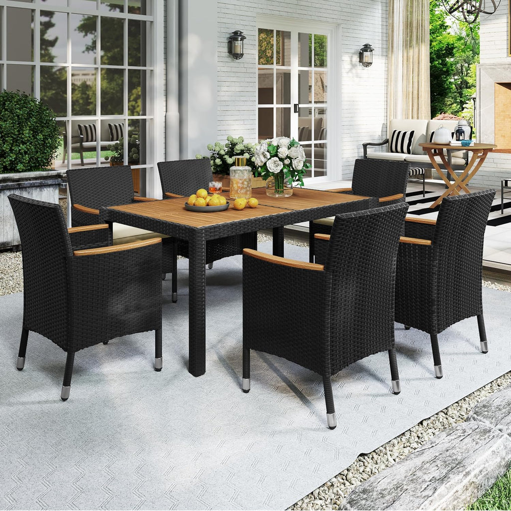 7-Piece Outdoor Patio Dining Furniture Set with Acacia Wood Tabletop, Cushioned Rattan Chairs for Backyard, Garden, Deck & Outdoor Living