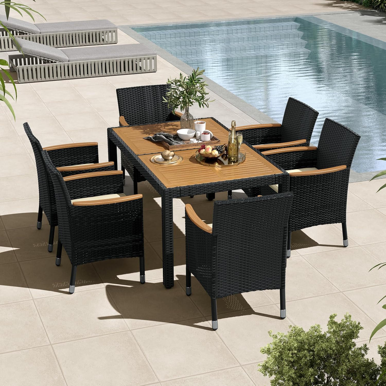 7-Piece Outdoor Patio Dining Furniture Set with Acacia Wood Tabletop, Cushioned Rattan Chairs for Backyard, Garden, Deck & Outdoor Living