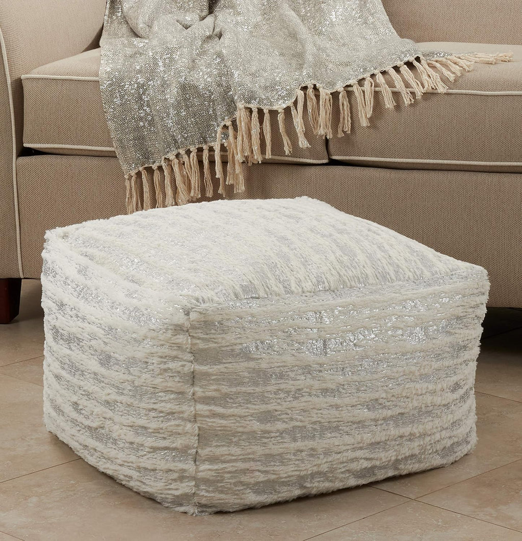 Luxury Faux Fur Pouf Ottoman, Silver Foil Accent Decorative Floor Seat for Living Room, Bedroom & Modern Home Décor