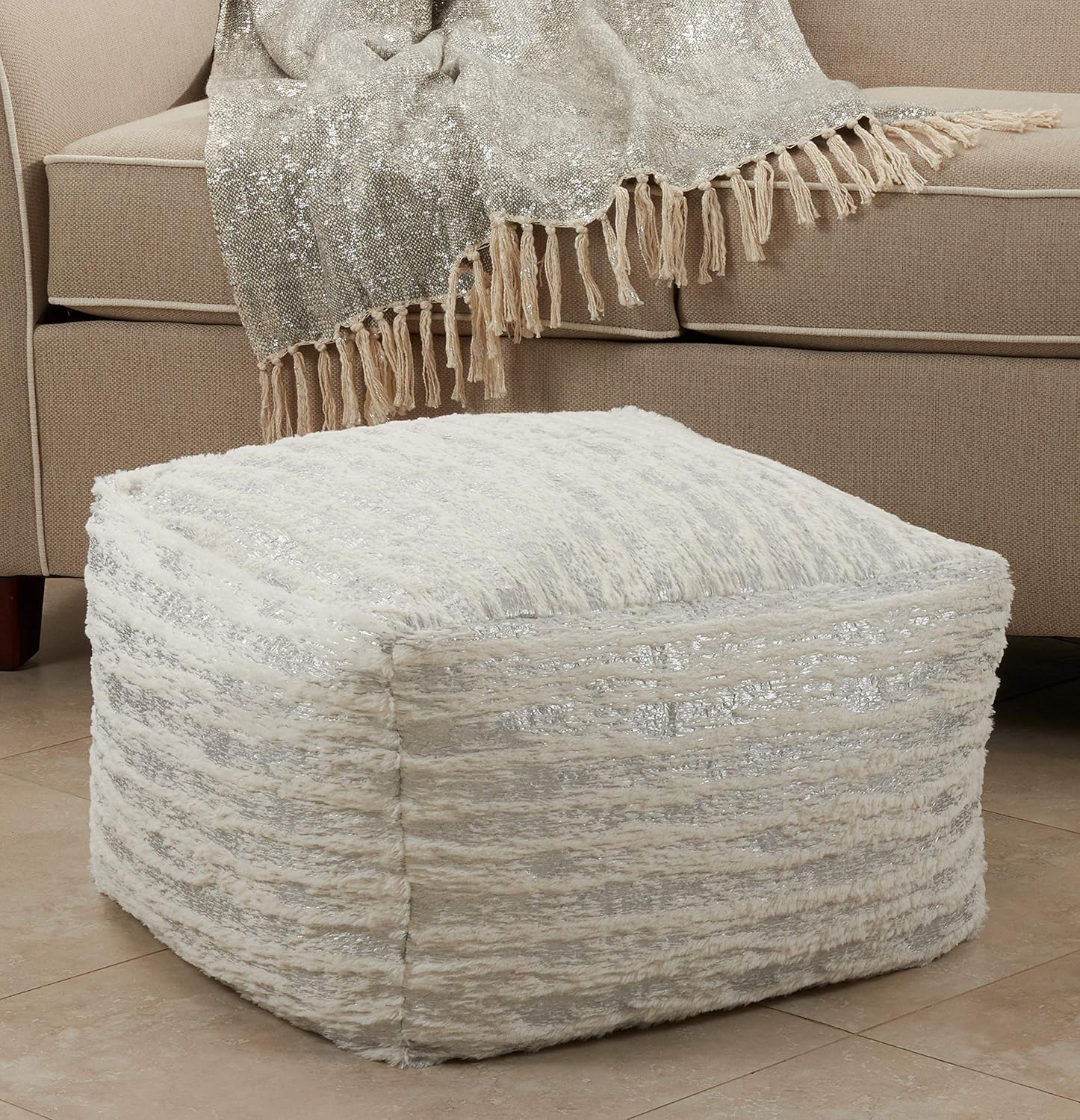 Luxury Faux Fur Pouf Ottoman, Silver Foil Accent Decorative Floor Seat for Living Room, Bedroom & Modern Home Décor