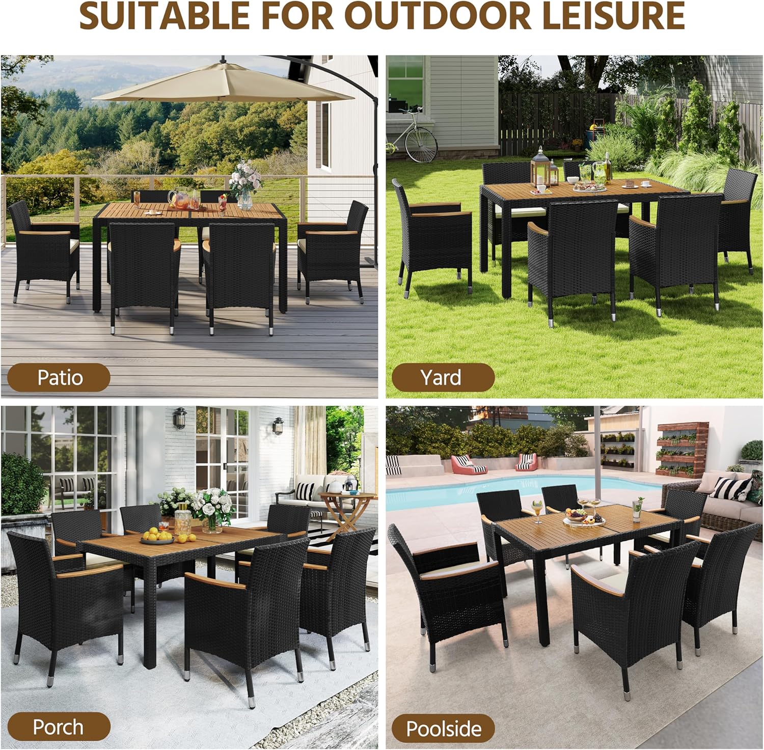7-Piece Outdoor Patio Dining Furniture Set with Acacia Wood Tabletop, Cushioned Rattan Chairs for Backyard, Garden, Deck & Outdoor Living