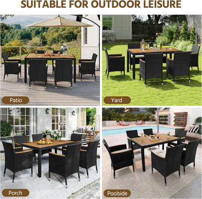 7-Piece Outdoor Patio Dining Furniture Set with Acacia Wood Tabletop, Cushioned Rattan Chairs for Backyard, Garden, Deck & Outdoor Living