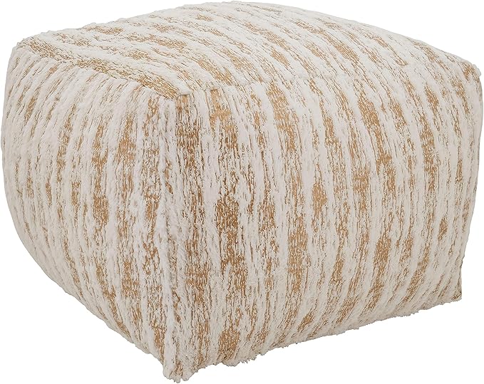 Luxury Faux Fur Pouf Ottoman, Silver Foil Accent Decorative Floor Seat for Living Room, Bedroom & Modern Home Décor