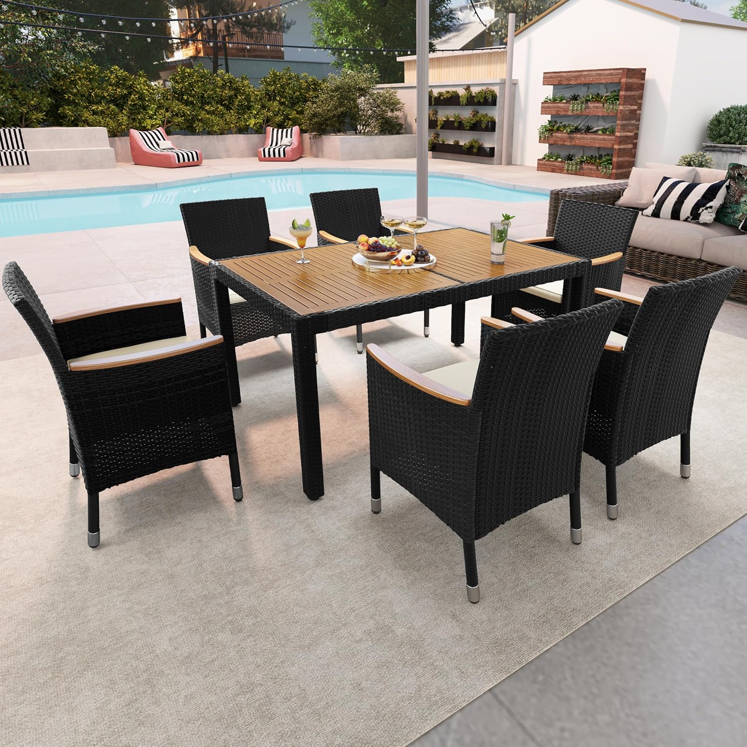 7-Piece Outdoor Patio Dining Furniture Set with Acacia Wood Tabletop, Cushioned Rattan Chairs for Backyard, Garden, Deck & Outdoor Living