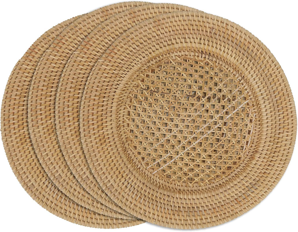 Handwoven Rattan Charger Plates Set of 4, Natural Decorative Table Placemats for Dining Table, Farmhouse & Boho Home Décor